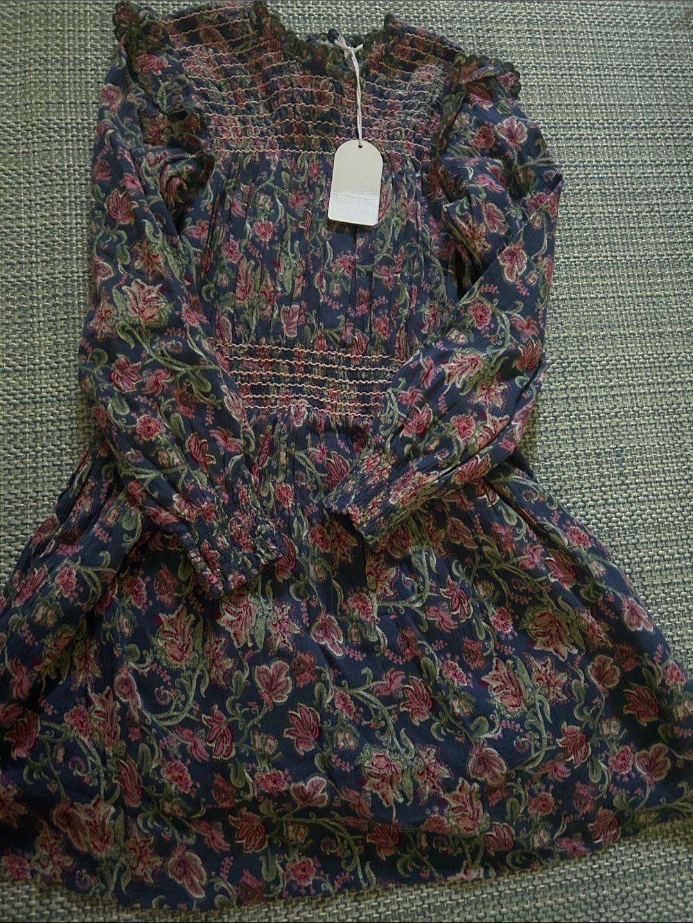 Girls Long-Sleeve Floral Smocked Dress - Navy and Pink